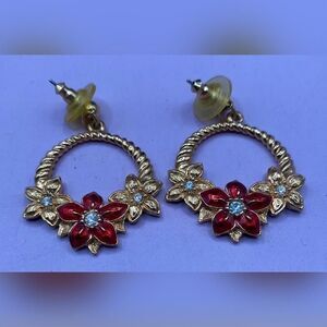 Avon Floral Hoop Earrings Red Enamel Gold Tone Rhinestone Pierced Holiday 1"